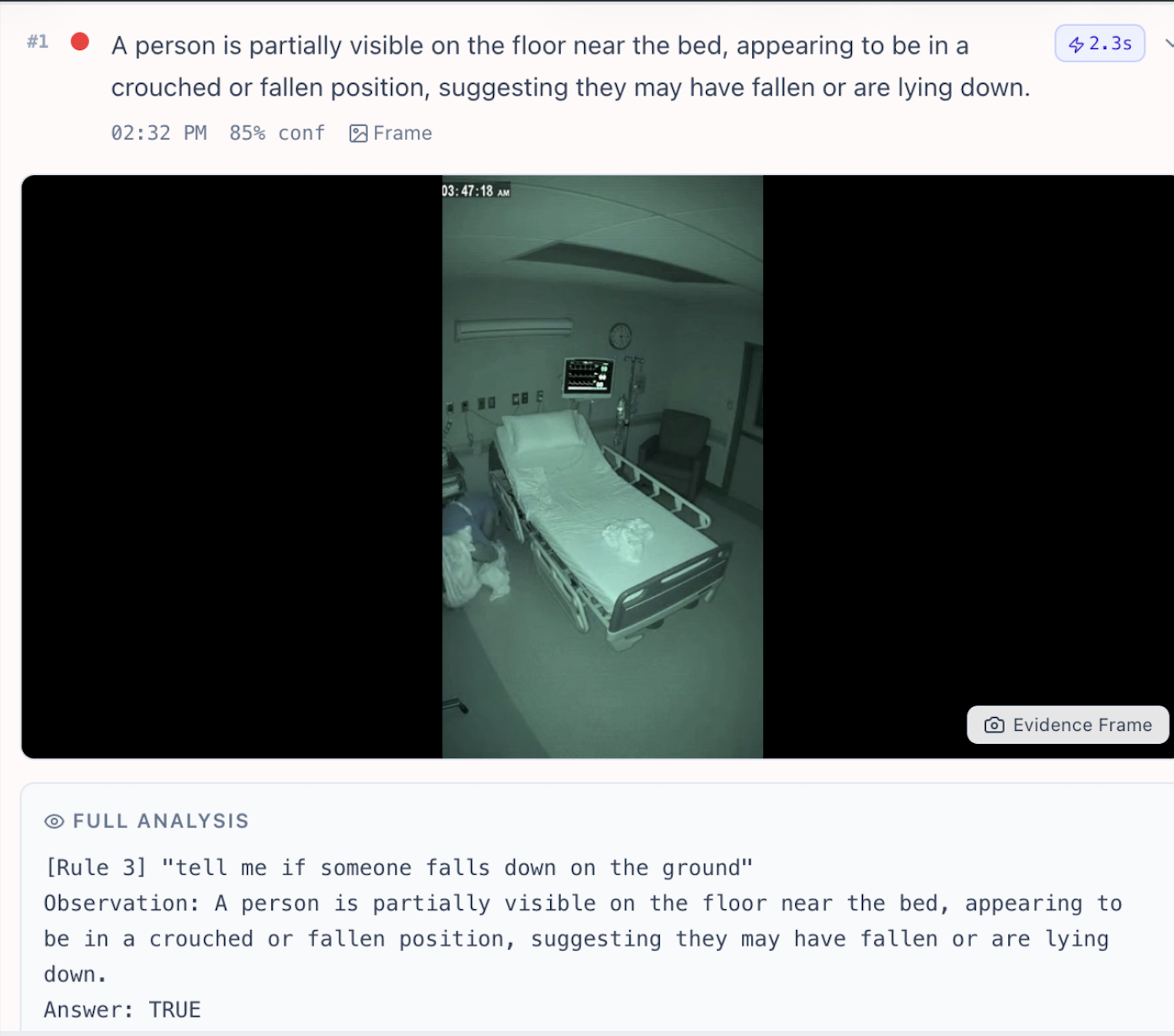 Sentinel alert detail showing the matched evidence frame and the rule that fired