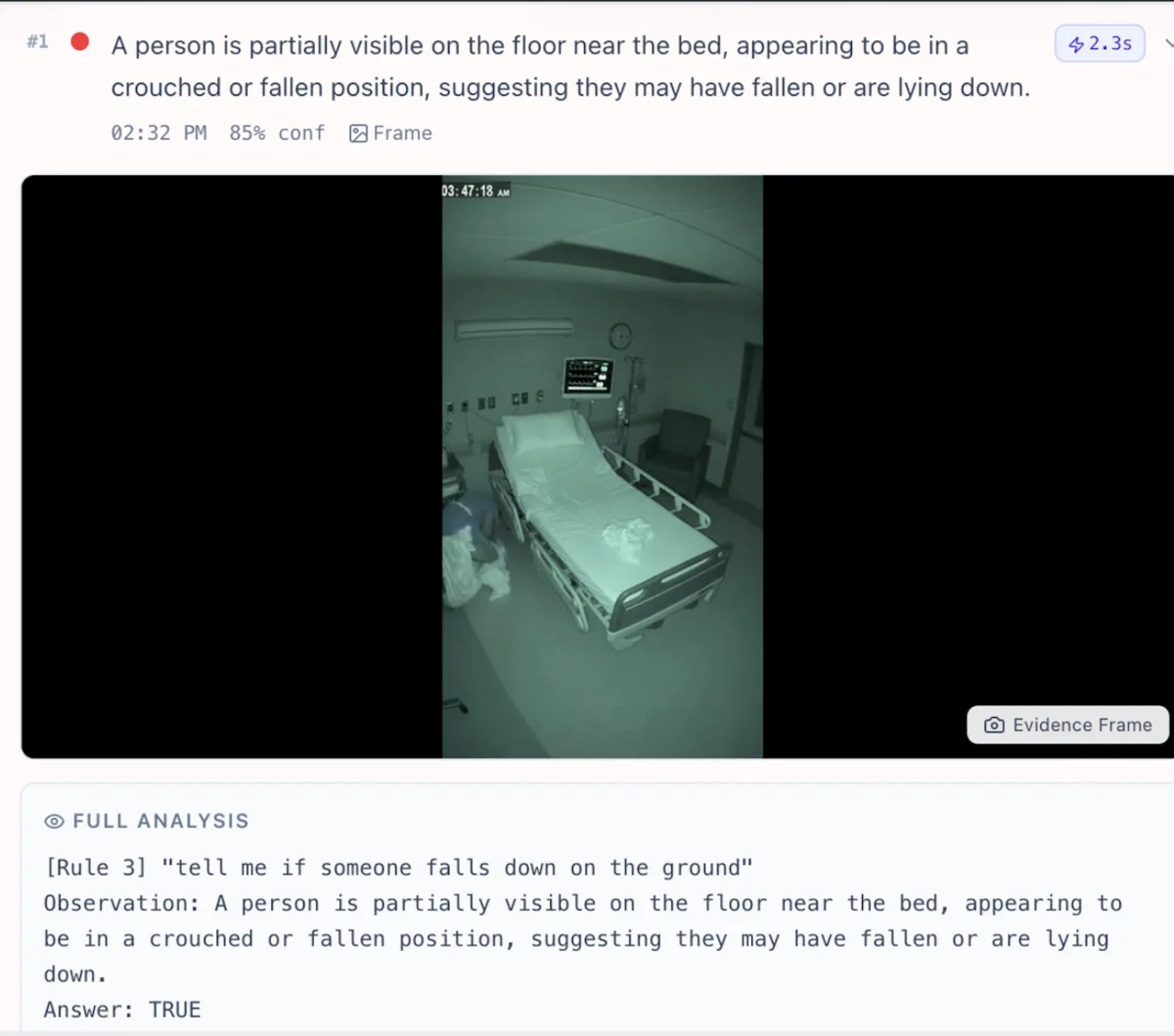 Sentinel alert detail showing the matched evidence frame and the rule that fired