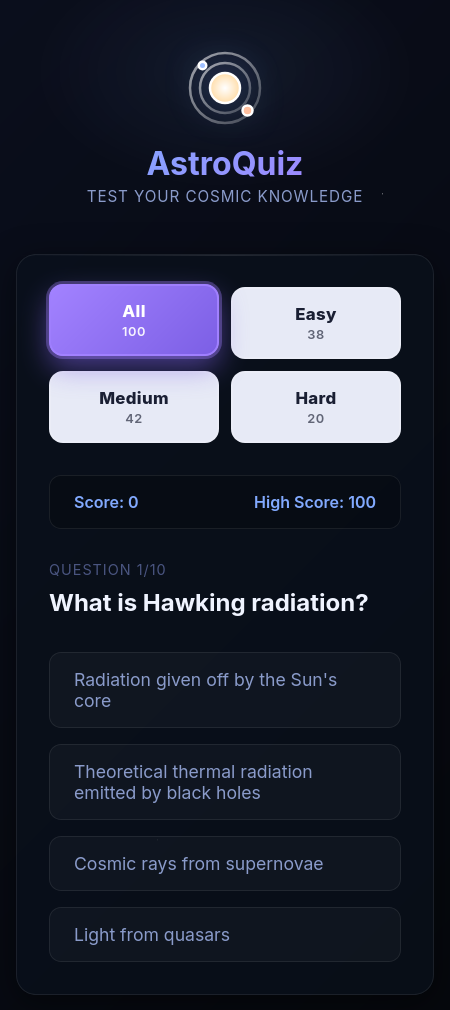 Launch of AstroQuiz, the privacy-first offline astronomical trivia game. Seventh app in the Stormberry Labs arc